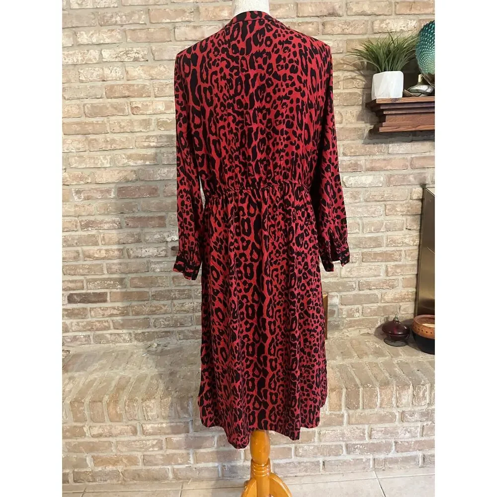 Zara Womens Red Leopard Print Midi Dress Tie Sz L - Picture 5 of 6